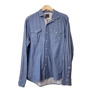 7 Diamonds Mens Chambray Button Up Shirt Long Sleeve Large Blue Western